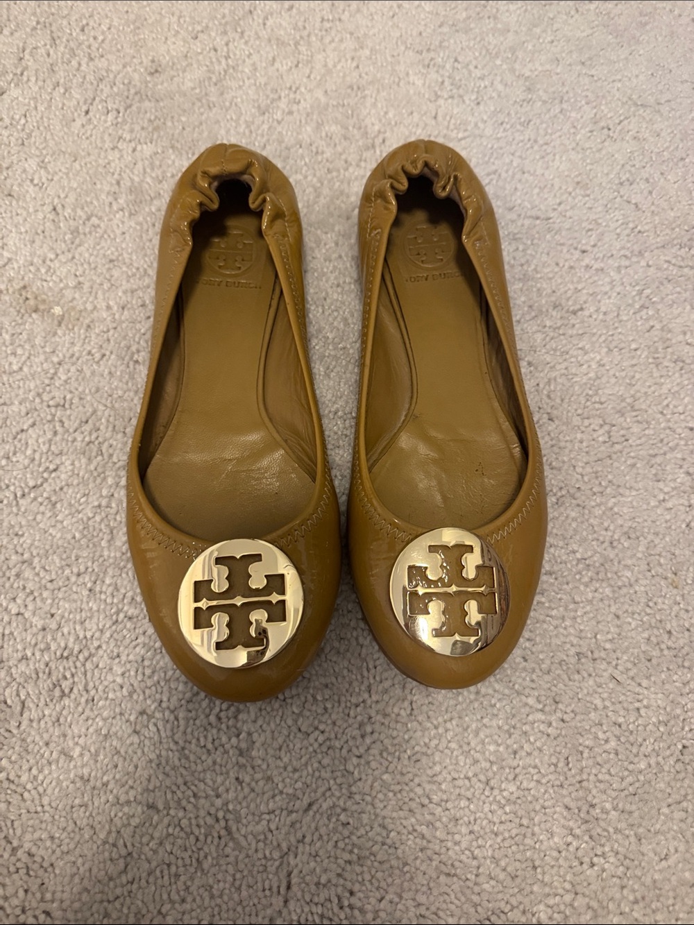 Tory Burch Caramel Leather Logo Ballet Flats with Gold Emblem